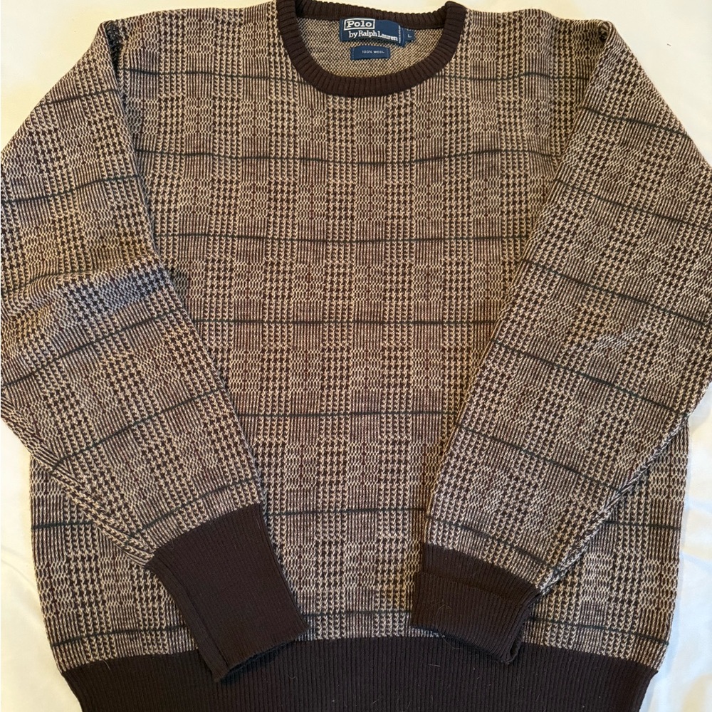 Ralph Lauren Men's Brown Wool Checkered Crewneck Sweater, Large